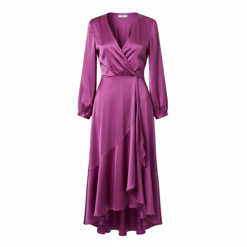 Nasty Gal Collection Magenta Satin‎ Wrap Midi Dress Long Sleeve Purple US 2